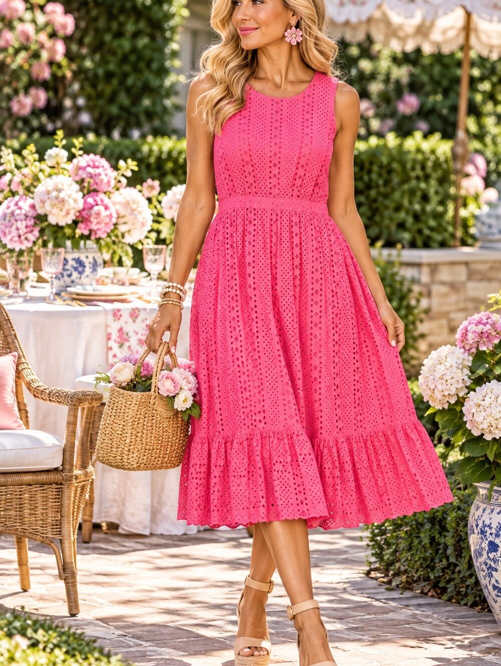 J Crew Pink Eyelet Cotton Spring Garden Party Midi Feminine Dress. Ladies 8